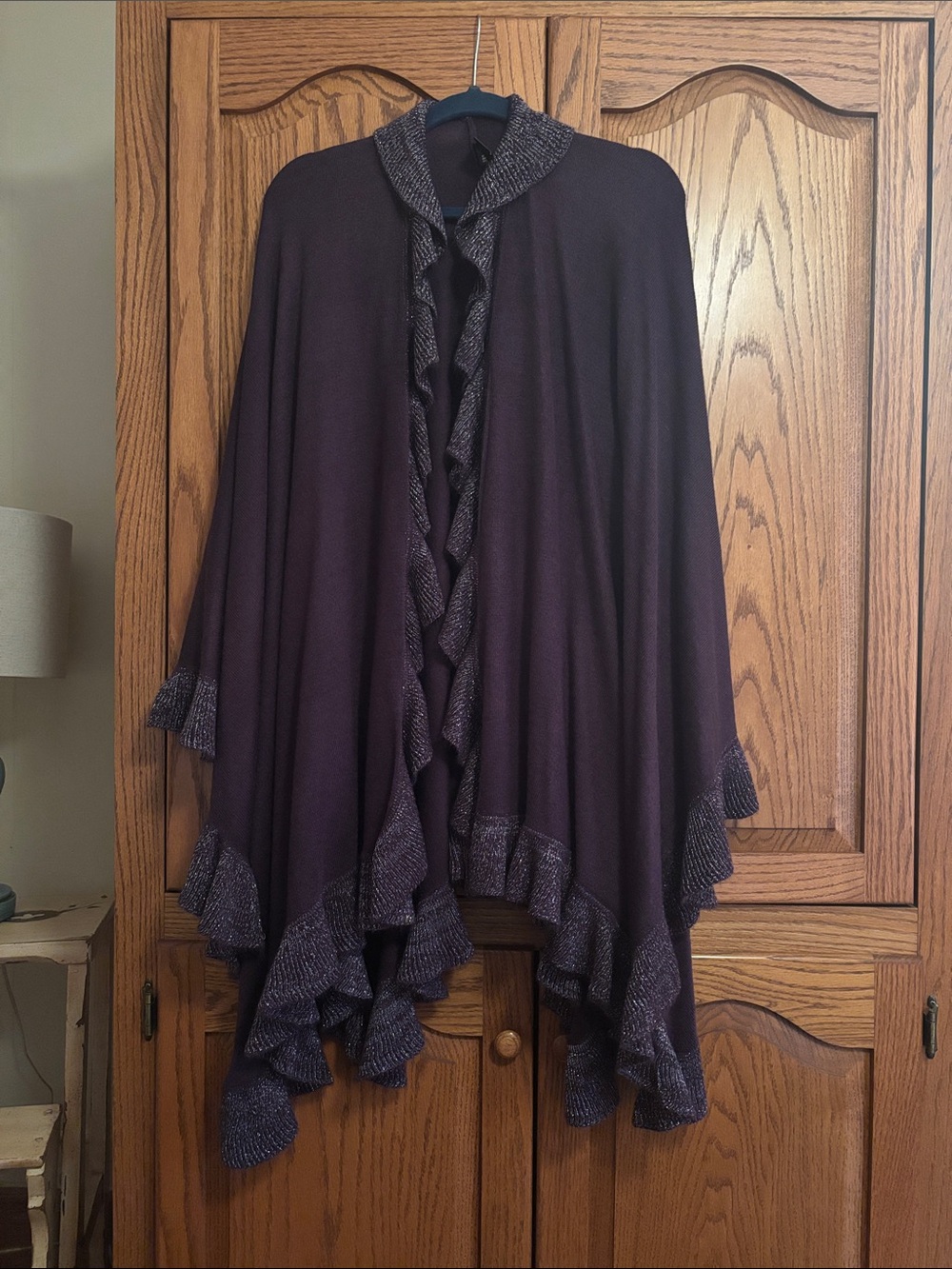 Women's Ruffled Open-Front Sweater Poncho - Deep Plum